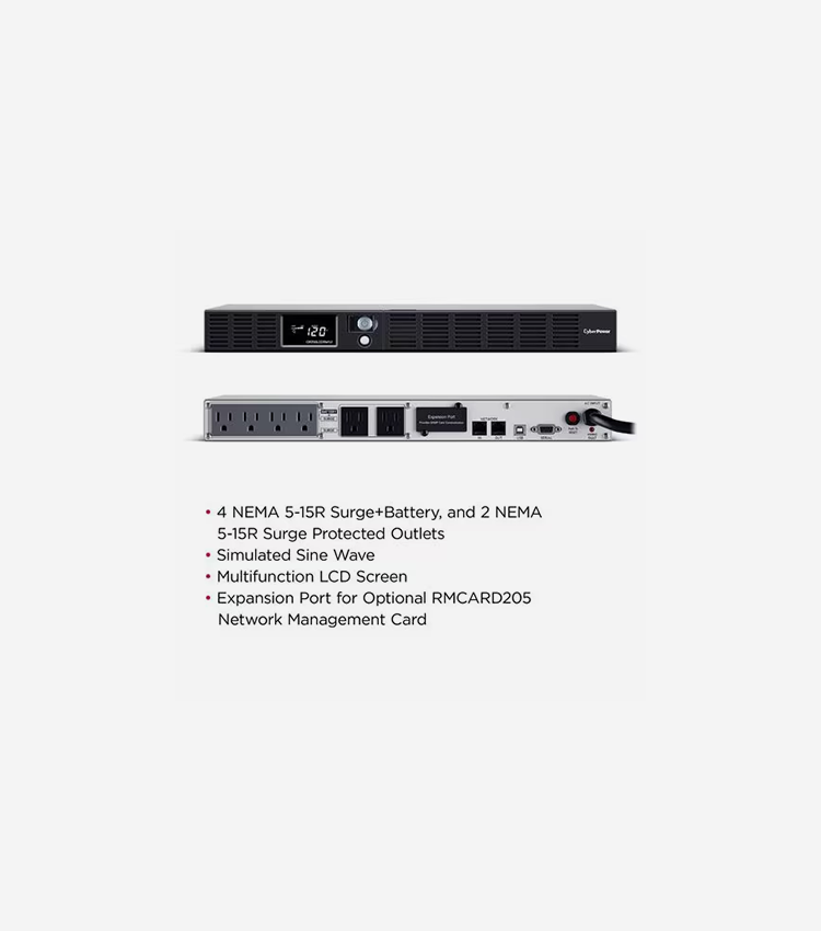 CyberPower UPS Systems OR700LCDRM1U Smart App LCD - Capacity: 700 VA / 400 W - 700VA/400W 1U Rackmount UPS, 6 NEMA 5-15R Outlets, NEMA 5-15P Plug, 10 Ft. Cord, 3 Yr Wty