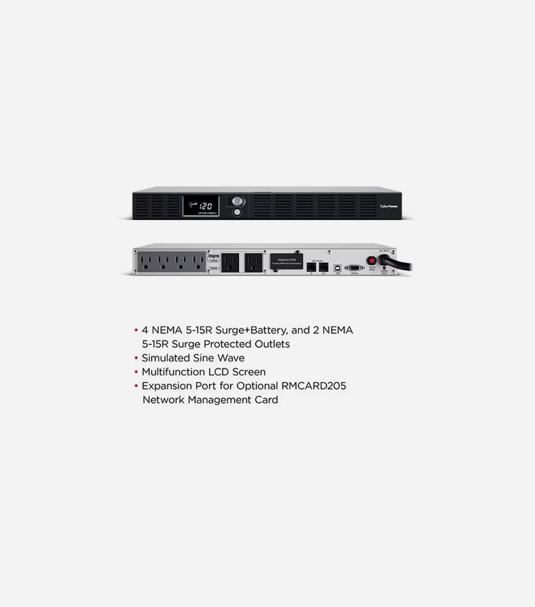 CyberPower OR1500LCDRM1U Smart App LCD UPS Systems - 120 VAC, NEMA 5-15P, 1U, Rackmount, 6 Outlets, LCD, PowerPanel® Business, $300000 CEG, 3YR Warranty