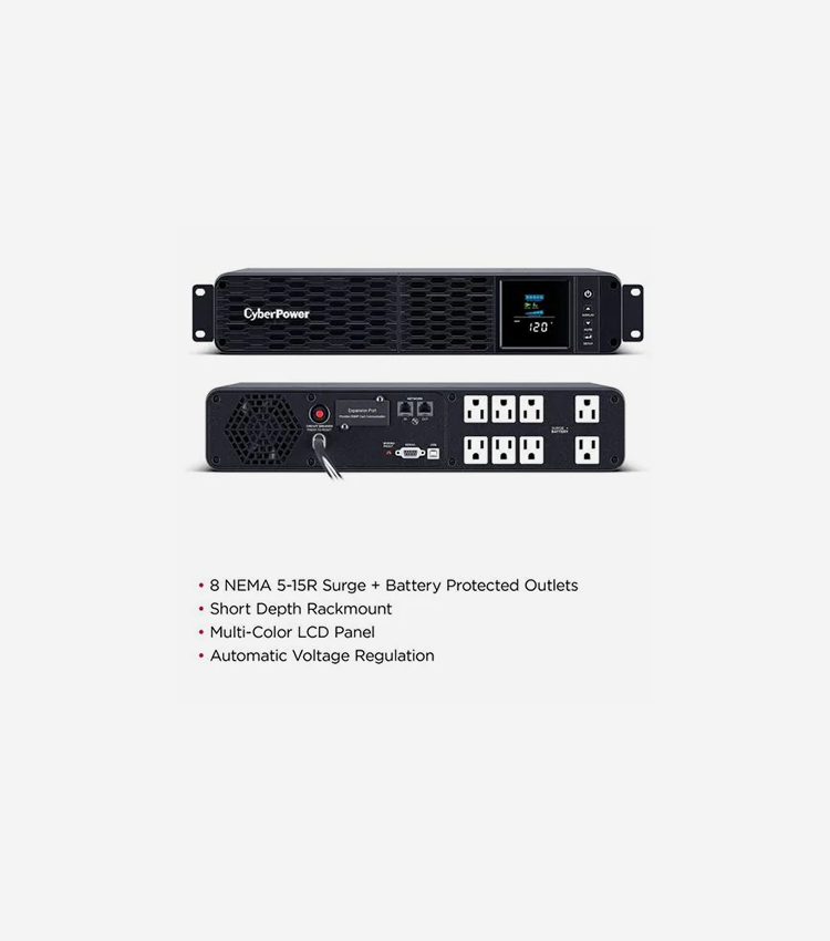 CyberPower CP1500PFCRM2U PFC Sinewave UPS Systems - 2U Rack-mountable - AVR - 8 Hour Recharge - 3.10 Minute Stand-by - 120 V AC Input - Serial Port - 8 x NEMA 5-15R - 8 x Battery/Surge Outlet