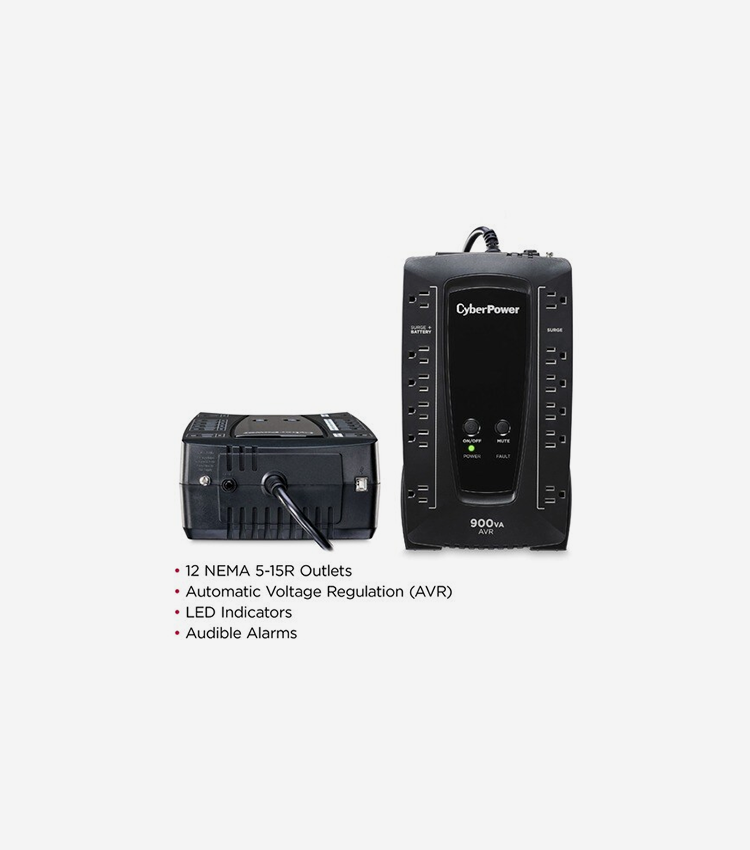 CyberPower AVR Series AVRG900U 900VA 480W Desktop UPS with AVR and USB - Desktop - 8 Hour Recharge - 10 Minute Stand-by - 120 V AC Input - 120 V AC Output - USB - 12 x NEMA 5-15R