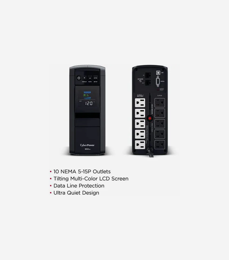 CyberPower Intelligent LCD CP1500AVRLCD3 1500VA Mini-tower UPS - Mini-tower - AVR - 8 Hour Recharge - 3 Minute Stand-by - 120 V AC Input - 120 V AC Output - Simulated Sine Wave - Serial Port - USB - LCD Display - 1 x USB Type A, 1 x USB Type C, 12 x NEMA 5-15R - 6 x Battery/Surge Outlet - RS-232