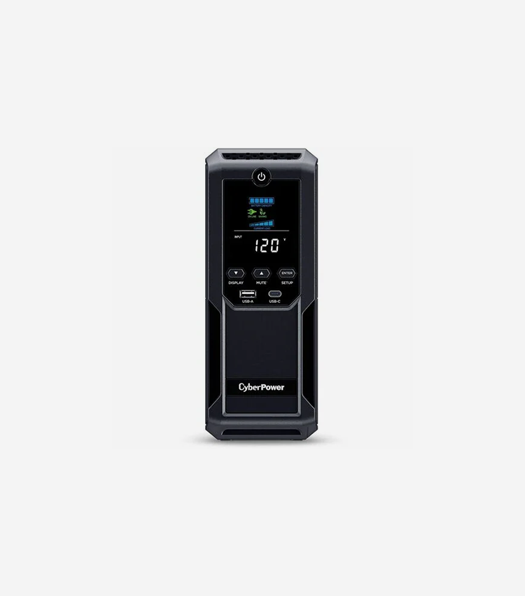 CyberPower Intelligent LCD UPS CP1350AVRLCD3 1350VA Mini-tower UPS - Mini-tower - AVR - 8 Hour Recharge - 4 Minute Stand-by - 120 V AC Input - 120 V AC Output - Serial Port - 12 x NEMA 5-15R, 1 x USB Type A, 1 x USB Type C - 6 x Battery/Surge Outlet