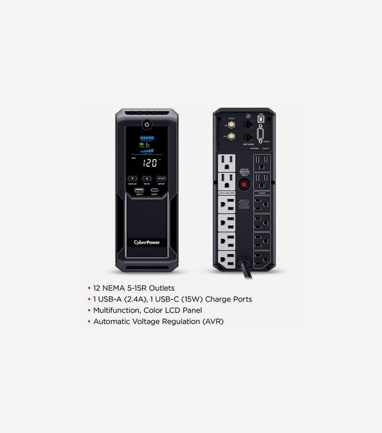 CyberPower Intelligent LCD UPS CP1350AVRLCD3 1350VA Mini-tower UPS - Mini-tower - AVR - 8 Hour Recharge - 4 Minute Stand-by - 120 V AC Input - 120 V AC Output - Serial Port - 12 x NEMA 5-15R, 1 x USB Type A, 1 x USB Type C - 6 x Battery/Surge Outlet