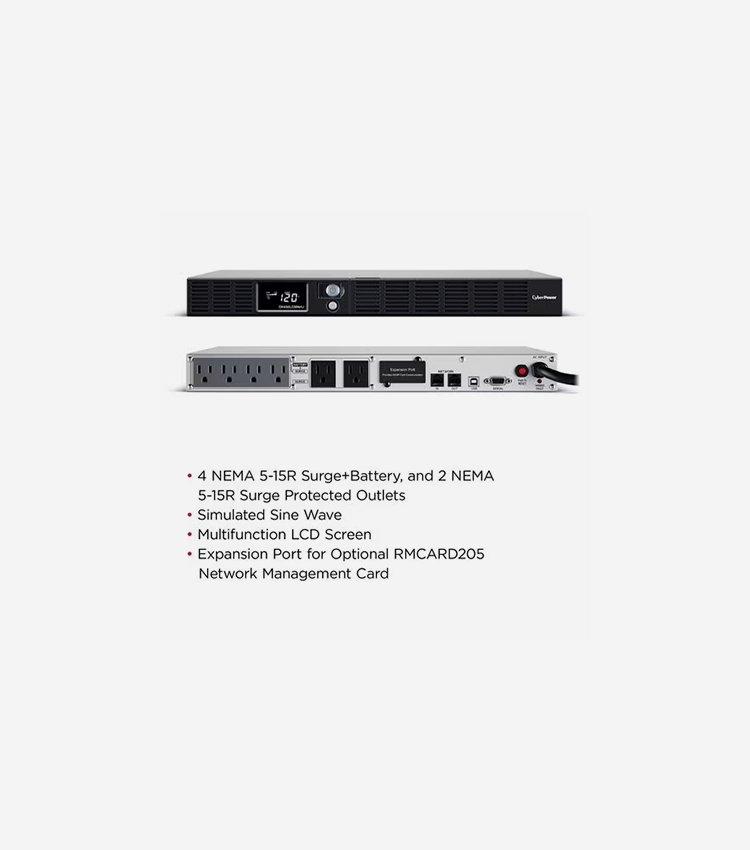 CyberPower OR1000LCDRM1U Smart App LCD UPS Systems - 120 VAC, NEMA 5-15P, 1U, Rackmount, 6 Outlets, LCD, PowerPanel® Business, $300000 CEG, 3YR Warranty