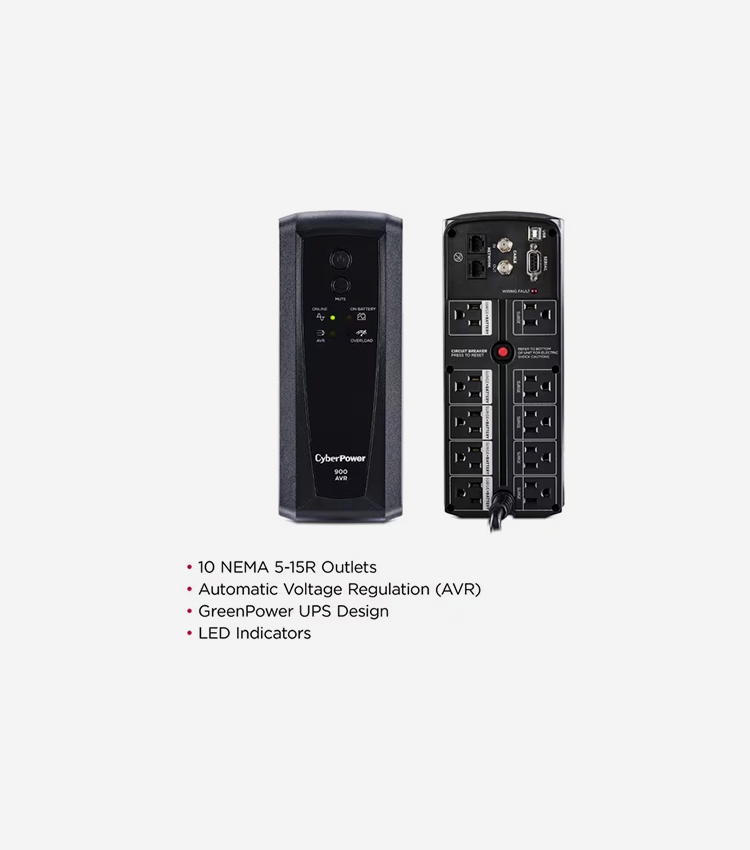 CyberPower UPS Systems CP900AVR AVR - 900 VA / 560 W - 900VA/560W UPS, 10 x NEMA 5-15R OUTLETS, NEMA 5-15P PLUG W/6FT CORD, AVR, RJ45, 3 YR WTY